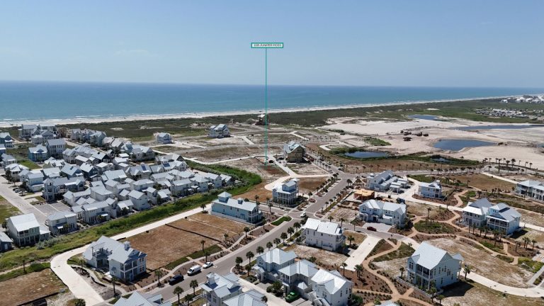 Aerial view marking the 108 Juniper Moss homesite and the Gulf beyond