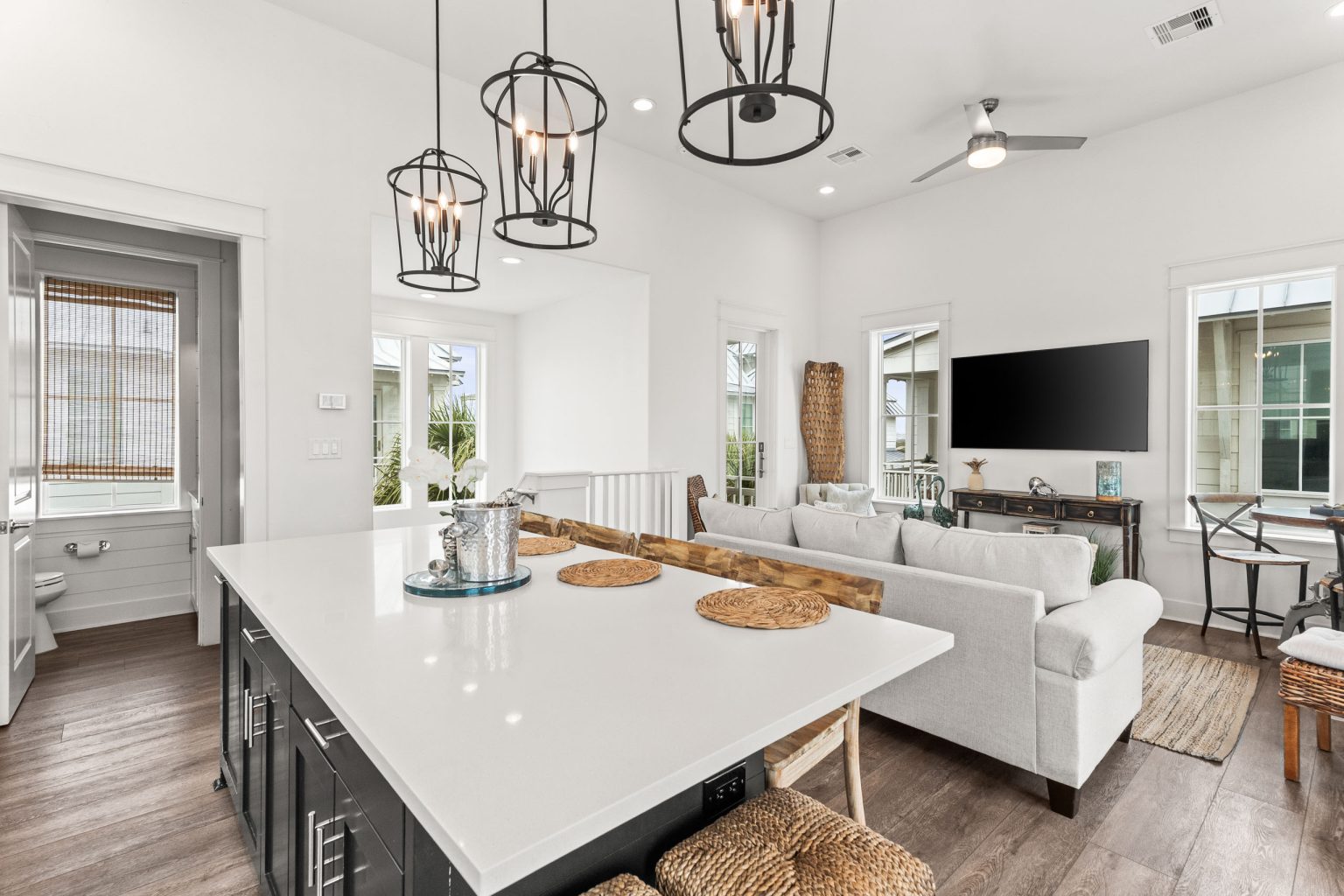Kitchen island with pendant lights, open to the living room at 214 Sunset Avenue #4