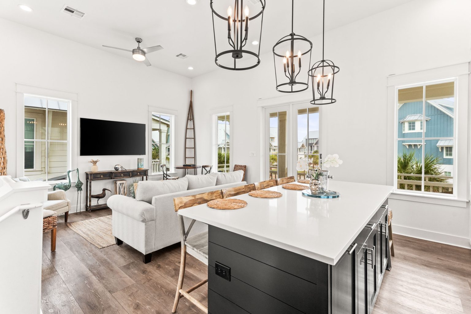 Kitchen island with lantern pendants, open to the living room at 214 Sunset Avenue #5