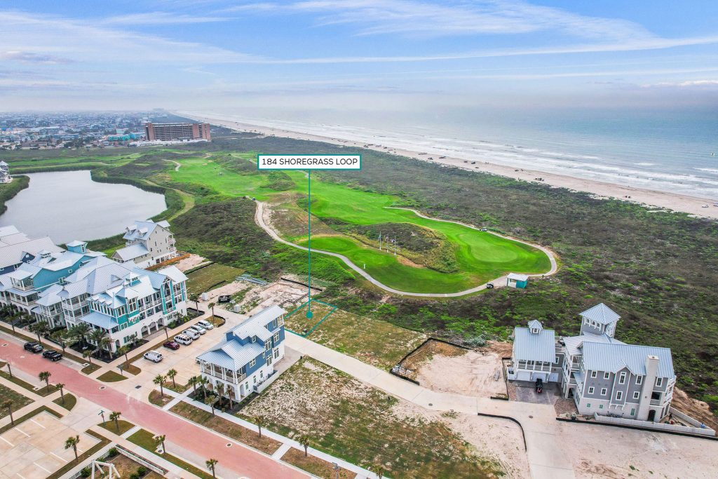 Aerial view marking the 184 Shoregrass Loop homesite near the golf course and Gulf