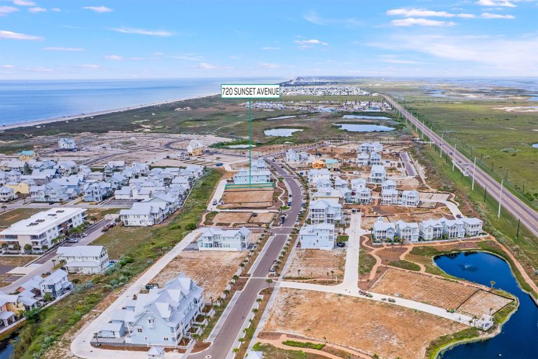 Aerial view marking the 720 Sunset Avenue homesite among new homes