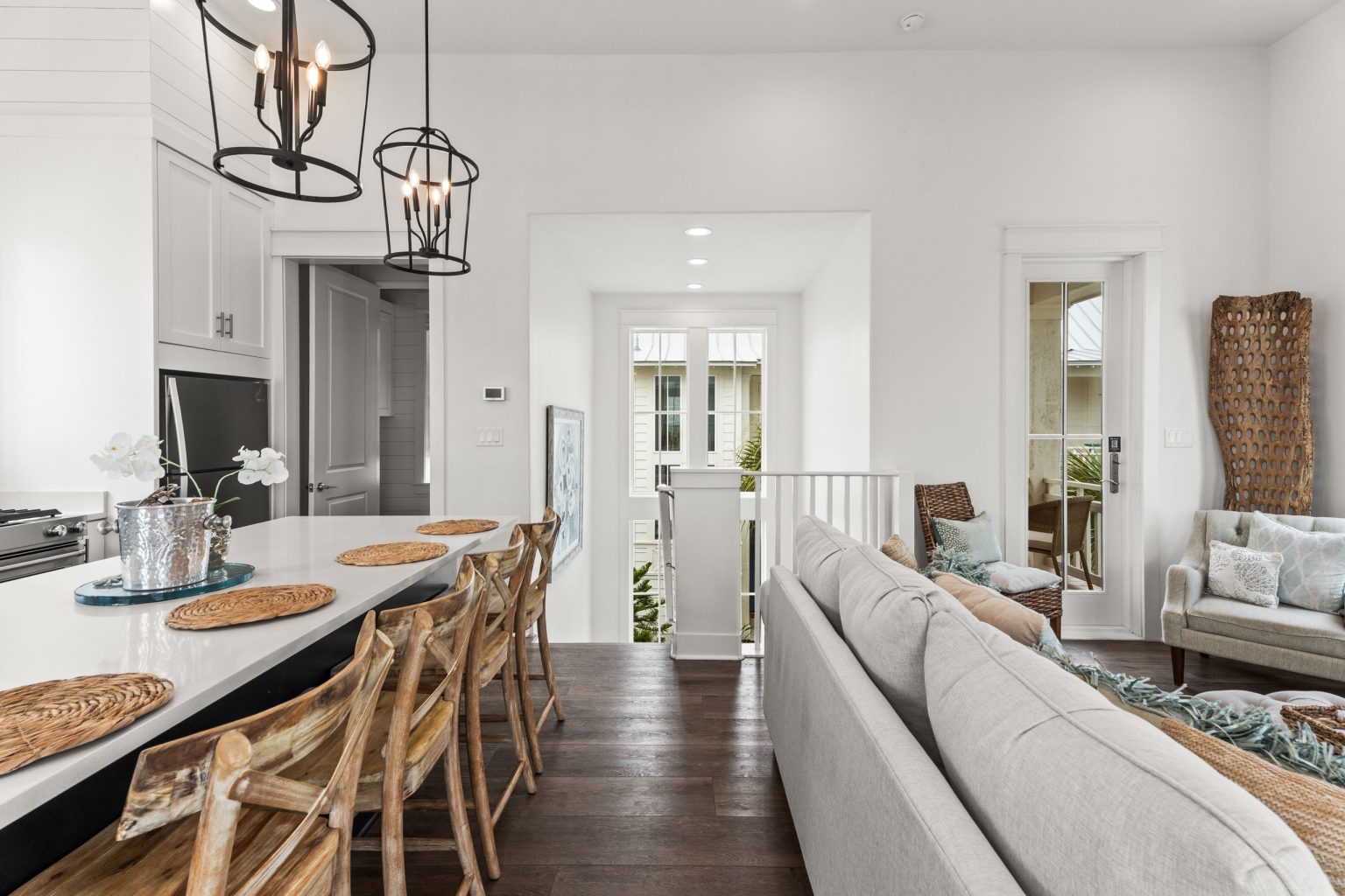 Kitchen island with seating beside the living room at 214 Sunset Avenue #4