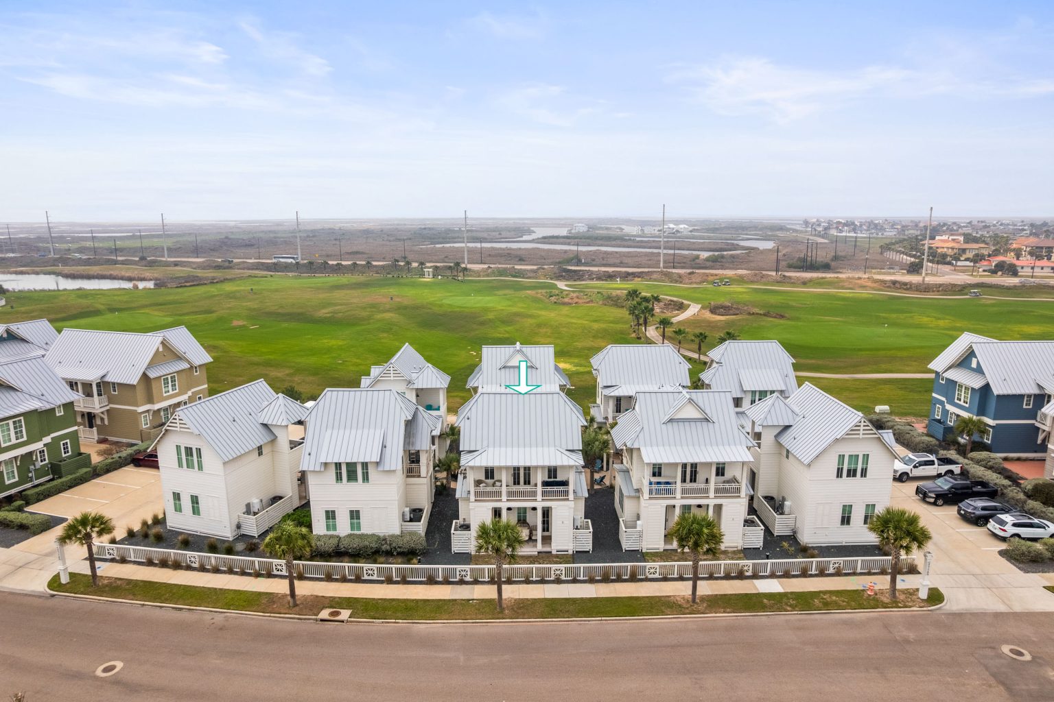 Aerial view of the 214 Sunset Avenue casitas facing the golf course