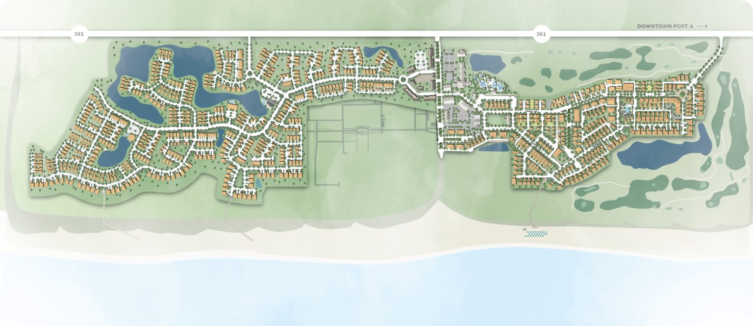 Illustrated map of the Palmilla Beach community showing homes, the golf course, lakes and beach access