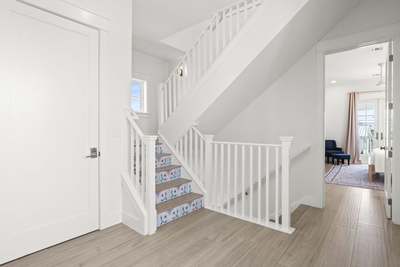 Staircase with patterned tile risers at 724 Sunset Avenue