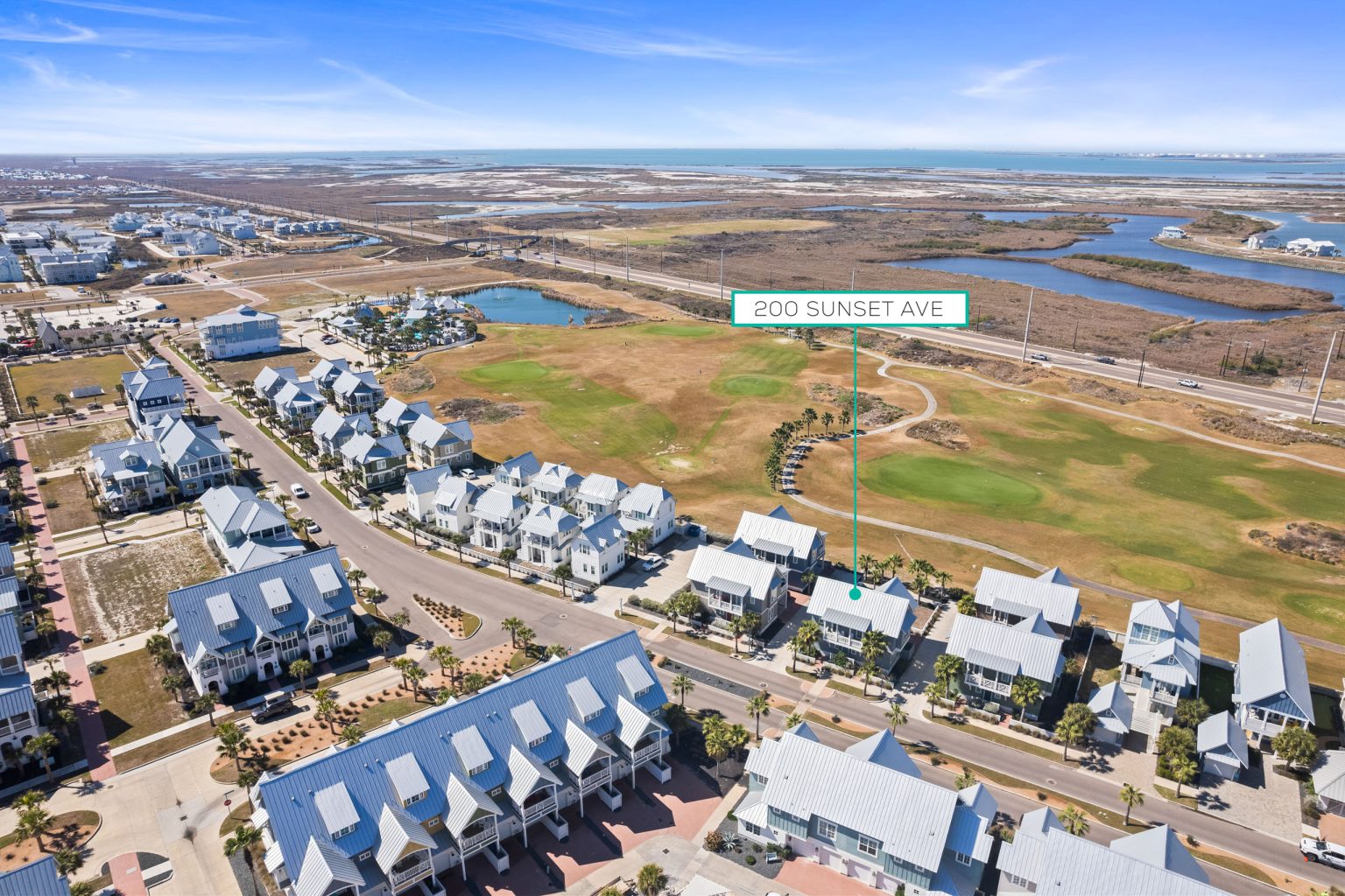 Aerial view marking 200 Sunset Avenue beside the golf course