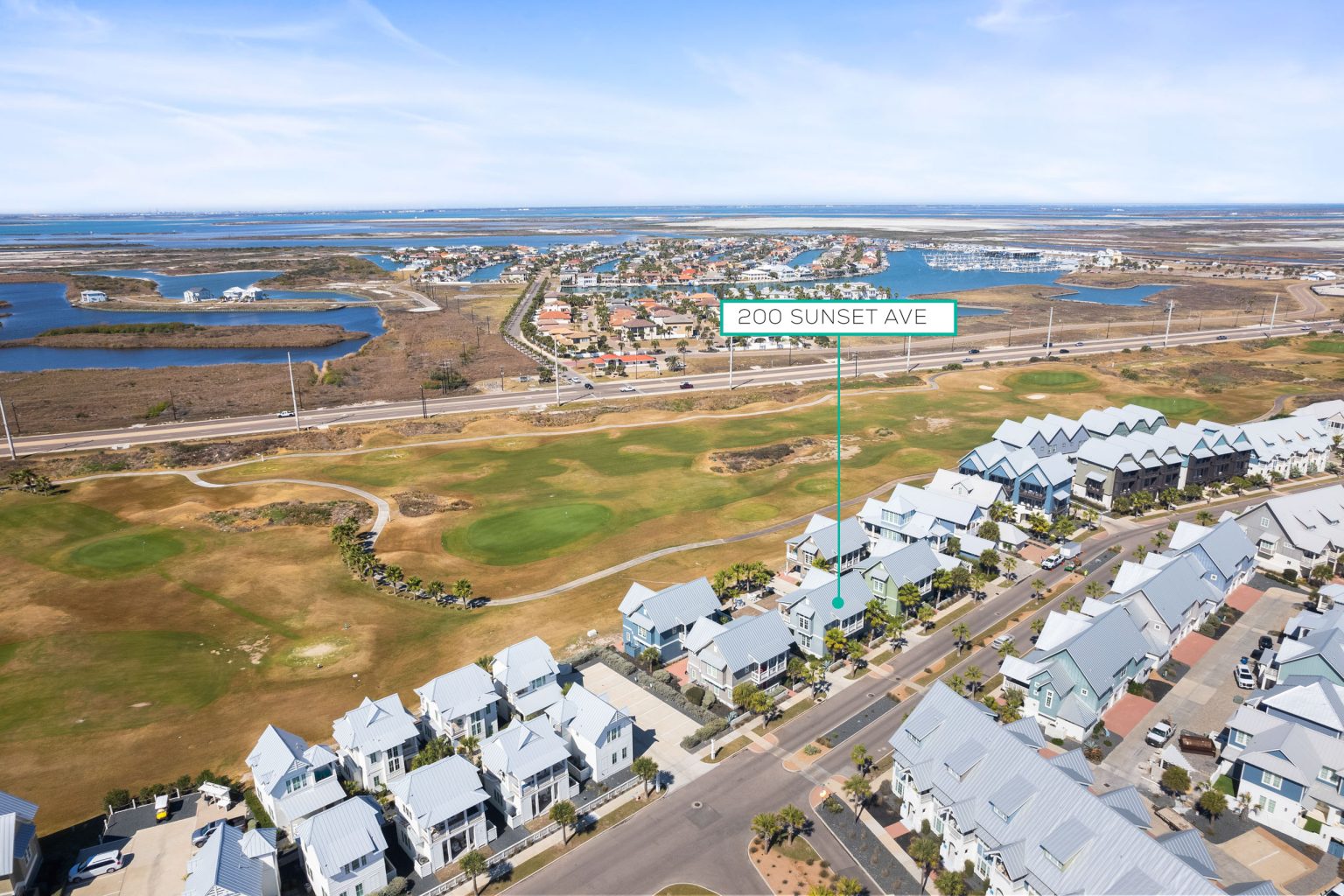Aerial view marking 200 Sunset Avenue within the Palmilla Beach community