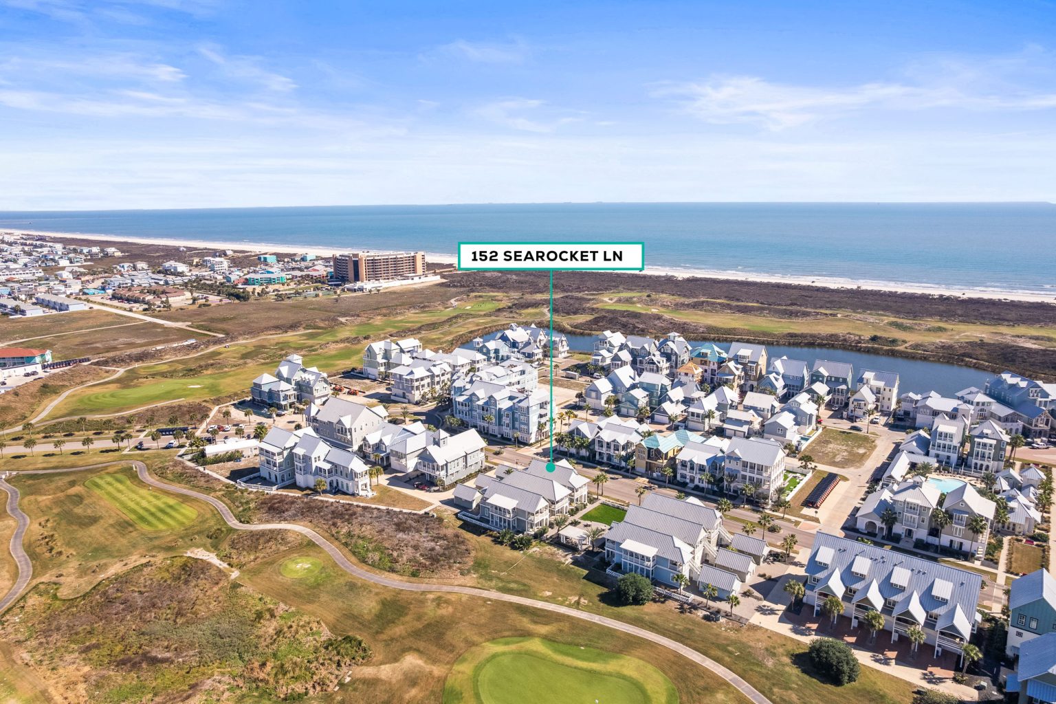 Aerial view marking 152 Sea Rocket Lane near the golf course and beach