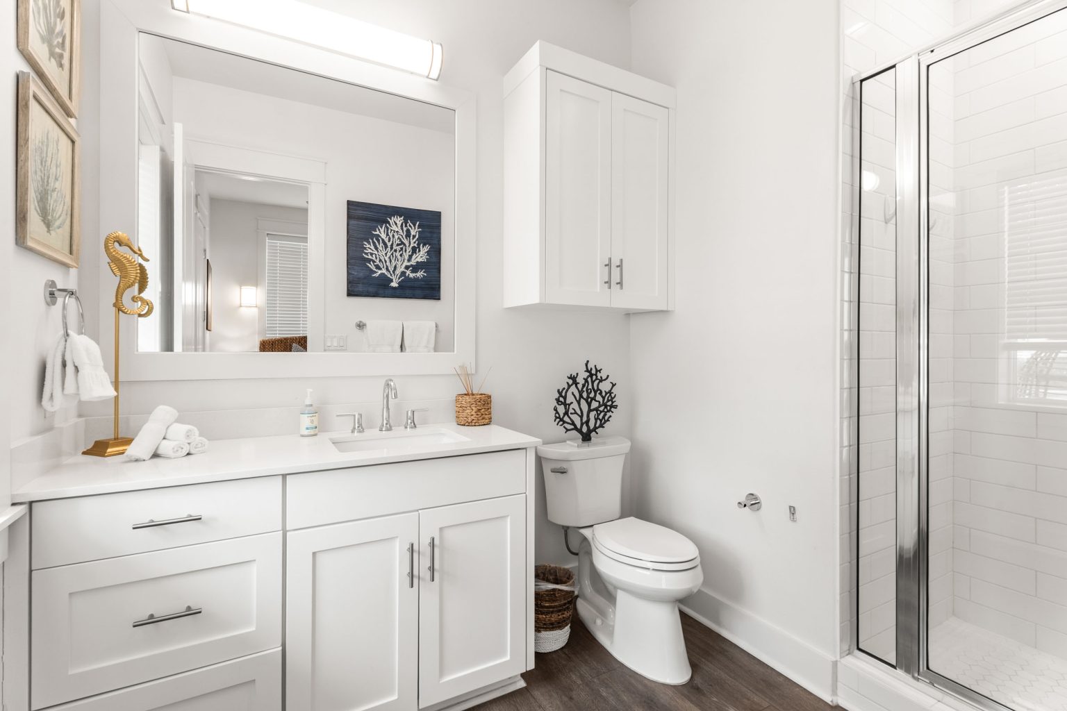 Bathroom with a white vanity and glass shower at 214 Sunset Avenue #4