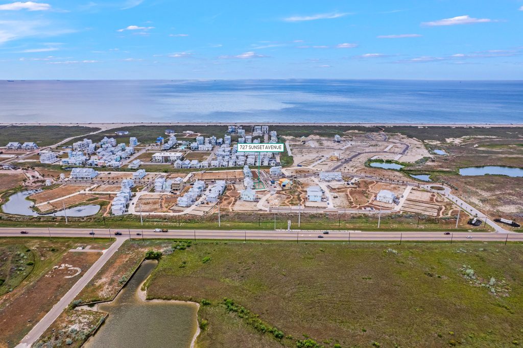 Aerial view marking the 727 Sunset Avenue homesite at Palmilla Beach near the Gulf
