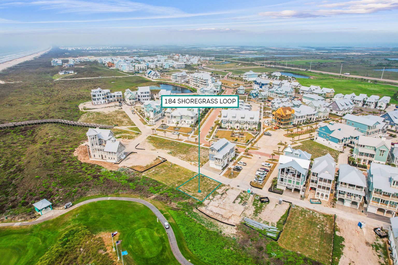 Aerial view marking the 184 Shoregrass Loop homesite beside the golf course