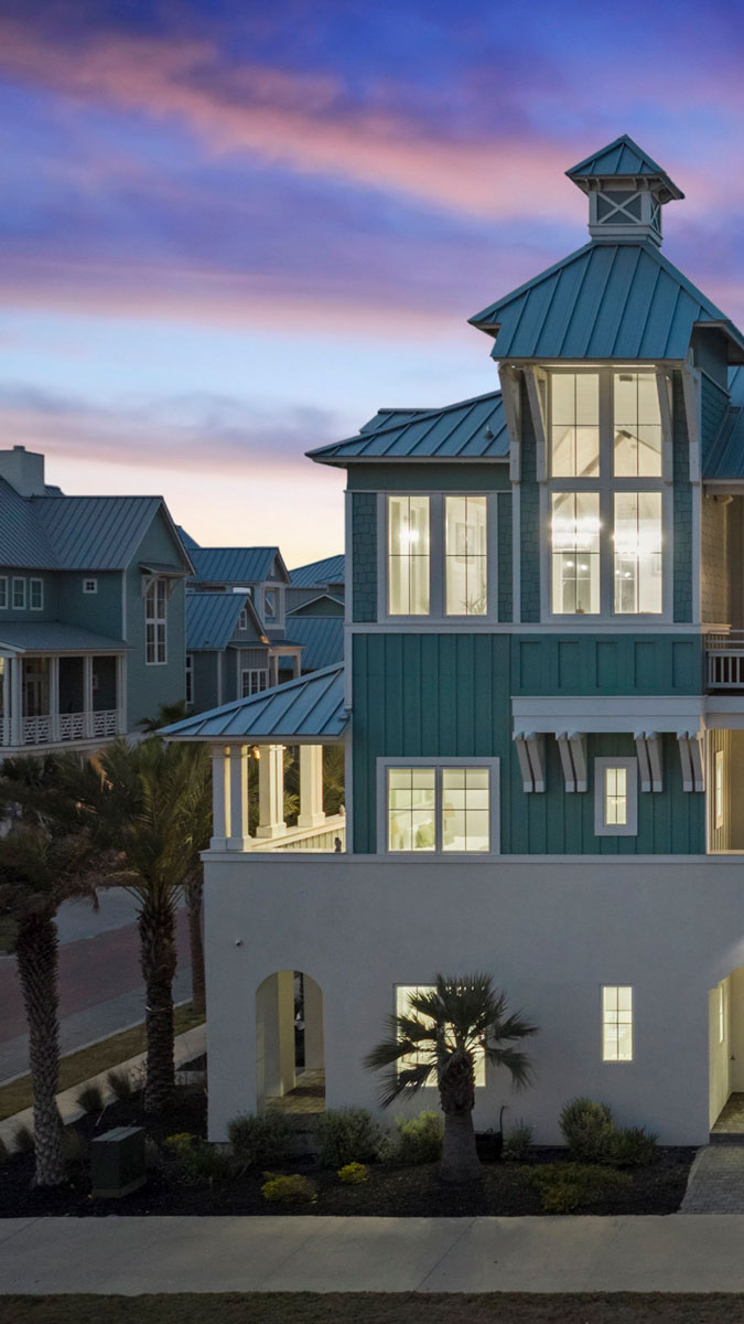 Coastal single-family residence at dusk
