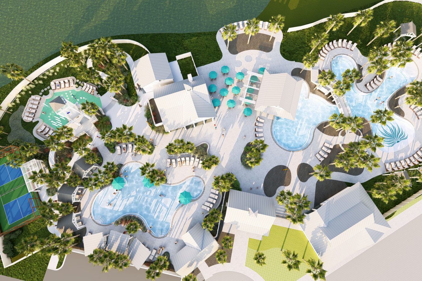 Aerial rendering of the Palmilla Beach resort pools, cabanas and sport courts